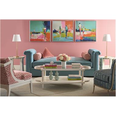 Room Scene: HC123-50-4 - Kent M2M® Divan shown in HC457-34 body fabric, optional bolsters in HC416-54 fabric and PE4325-10 contrast welt, triangle throw pillow in HC706-43 fabric with Dove White finish; HC6421-24 - Westmoreland Chair shown in HC416-54 fabric and PE4325-10 contrast welt with Dove White finish; HC9513-23 - Léa Slipper Chair shown in HC3630-32 fabric; HCP9159-STK - Viola Stone Side Table and HC6483-72G - Biderman Cocktail Table shown in Cream Linen finish.