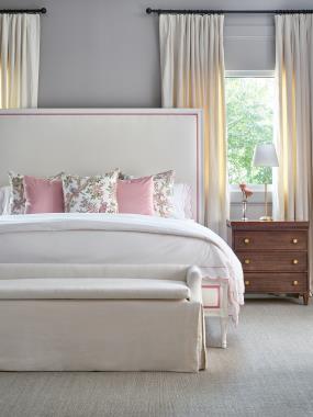 Room Scene: HC1327-30 Parc Bench shown in HC2393-10 Grade:50; HC1555-11 Candler King Bed shown in HC2393-10 Grade:50 with HCRB-51 Grade:2 ribbon and Dove White finish and HC1371-70 St. Claire Nightstand shown in Toffee finish.