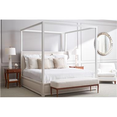 HC1355-10 Normandy Bed shown in HC703-13 fabric and Dove White finish; HC1321-51-4 Laurent M2M Bench 70"W Or 77"W shown in HC703-13 fabric and Toffee finish; HC1584-70 West Paces Nightstand shown in Tawny finish with Golden Brass hardware and HC1302-24 Garroux Chair shown in HC2393-10 fabric and Toffee finish.