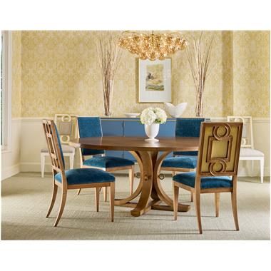 Room Scene: HC142-70 Artisan Round 
Table Base and HC141-70 Artisan Round 
Table Top shown in Chestnut finish; HC117-02 Corso Dining Chair shown in fabric HC446-36 with back shown in HC472-23 and Chestnut finish; HC118-02 Corso Dining Chair shown in fabric HC470-36 and Dove White finish with Light Gold striping and HC145-70 Artisan Grand Credenza shown in Optional Benjamin Moore HC-156 Van Deusen Blue Paint with Light Gold Stripping.