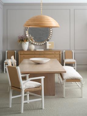 Room Scene: HC1348-70 Lancaster Dining Table shown in Baja finish: HC1312-30 Aix-En-Provence Bench shown in fabric HC703-13 Grade:70 with Dove White
finish; HC1572-70 Hervé Dresser shown in Natural finish and C1309-22 Aix-en-Provence Chair shown in fabric HC703-13 Grade:70 with Dove White finish.