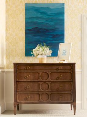 Room Scene: HC190-70 - Artisan Curved Front Chest with Drawer Overlay-Ash shown in Chestnut finish.