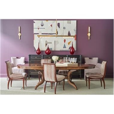 HC2444-76 Mercer Dining Table shown in Truffle finish, HC7648-23 Phoebe Dining Chair shown in fabric HC4014-02, HC5351-02 LeeLee Side Chair shown in fabric HC445-03 with Dark Walnut finish and HC5245-71W Jefferson Sideboard shown in Kohl finish.