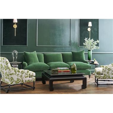 HC3302-05 Hayden Sofa shown in fabric HC2948-75, two 22” x 22” throw pillows in fabric HC2948-75   and Kohl finish, HC701-24 Maud Chair with Turned Stretchers shown in fabric HC450-76 and Kohl finish, HCP9082-10 Matou Square Cocktail Table shown in Matou Kohl finish and HCP9150-STK Alain Side Table shown in Alain Midnight Bronze metal finish.