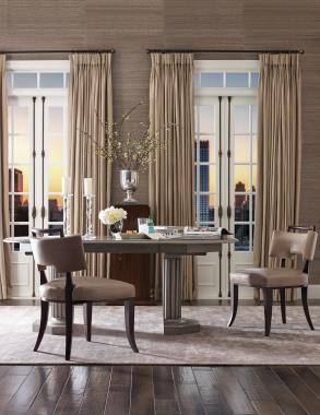 Room Scene; HC3440-70 Eden Roc Dining Table, shown in Optional Weathered Mineral finish and HC3409-02 St. Giorgio Dining Chair with Handle, Leather HC9001-92 shown in optional Espresso finish.
