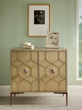 Room Scene: HC4600-70C1 - Textures two Door Credenza with (F13) Fret-A door, (MAB) Metal Saber Leg Bracket Antique Bronze, (AB1) Acrylic Sphere Hardware with (P1) Centered Placement shown in Moonstone finish.