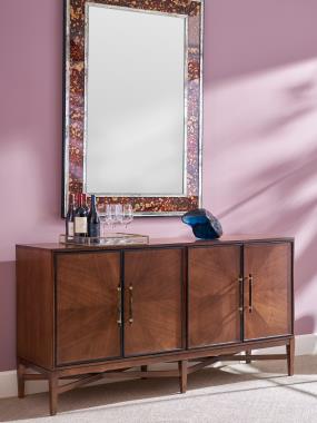 Room Scene: HC4600-70C2 Textures 4 Door Credenza with (F11) Radial Walnut door, (XS) Stretcher Base, Customers Own Hardware, (P2) Centered 
on Inner Edge and Truffle finish.