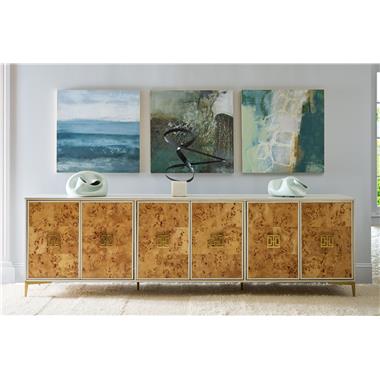 Room Scene: HC4600-70C3 Textures Credenza with (F9) Mappa Burl door, (MSA) Metal Saber Leg Bracket Antique Brass, customers on hardware with Hardware (P1) Centered Placement shown in Weather White finish.