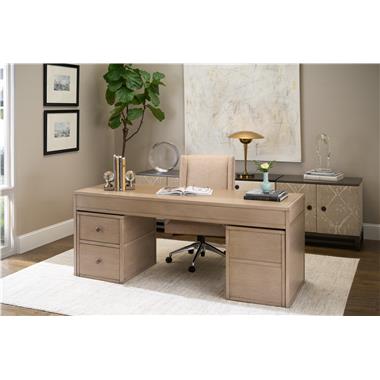 Room Scene: HC4602-DC - Mrs. Ashford Desk Chair shown in PE6032-92 fabric with HC147 leather welt; HC5394-70 - Harrison Four-Drawer Desk shown in Weathered Stone finish; HC5390-70 - Harrison File Cabinet shown in Weathered Stone finish; HC9571-70 - Remy Wood base shown in Pyrite finish; HC9572-70 - Remy 2 Door Upholstered Cabinet shown in HC4518-18 fabric with Pyrite finish and HC9573-70 - Remy 3 Drawer Upholstered  Chest shown in HC9004-92 fabric with Pyrite finish.
