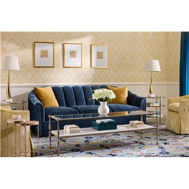 Room Scene: HC4604-90 Alessia Curved Sofa shown in HC466-38 fabric with 20" x 20" throw pillows in HC457-26 fabric; PE417-00 Constance Chair Dressmaker shown in HC472-23 fabric; HCP9160-STK Kelli Cocktail Table; HCP9161-STK Kelli Round End Table; HCP293-STK Martina Spot Table and HCP294-STK Minka Spot Table.