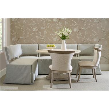 Room Scene: HC4607-51-3 - Luna M2M Banquette shown in HC301-30 fabric and HC4325-10 welt with Dove White finish; HC4607-49 - Luna Corner Chair shown in HC301-30 fabric and HC4325-10 welt with Dove White finish; HC5202-02 - Jacqueline Side Chair shown in PE7085-92 fabric with Moonstone finish and HC9844-10 - Campagne Pedestal Table Base with HC9843-70 - Campagne 48" Round Dining Top shown in Antique Ivory finish. 