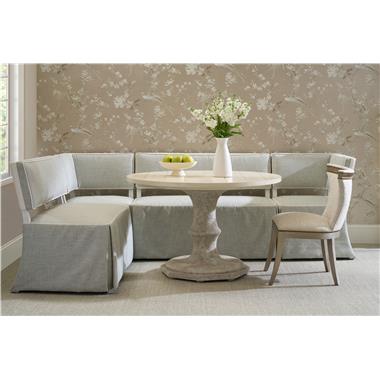 Room Scene: HC4607-51-3 - Luna M2M Banquette shown in HC301-30 fabric and HC4325-10 welt with Dove White finish; HC4607-49 - Luna Corner Chair shown in HC301-30 fabric and HC4325-10 welt with Dove White finish; HC5202-02 - Jacqueline Side Chair shown in PE7085-92 fabric with Moonstone finish and HC9844-10 - Campagne Pedestal Table Base with HC9843-70 - Campagne 48" Round Dining Top shown in Antique Ivory finish. 