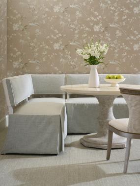 Room Scene: HC4607-51-3 - Luna M2M Banquette shown in HC301-30 fabric and HC4325-10 welt with Dove White finish; HC4607-49 - Luna Corner Chair shown in HC301-30 fabric and HC4325-10 welt with Dove White finish; HC5202-02 - Jacqueline Side Chair shown in PE7085-92 fabric with Moonstone finish and HC9844-10 - Campagne Pedestal Table Base with HC9843-70 - Campagne 48" Round Dining Top shown in Antique Ivory finish. 