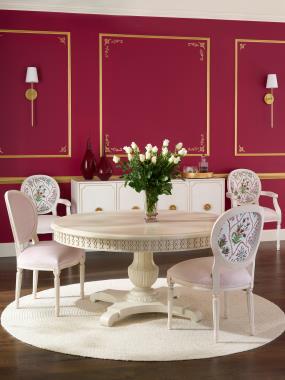 Room Scene: HC5341-70 - Gustav Pedestal Dining Table shown in Antique Ivory finish; HC3106-11 - Louis XVI Dining Side Chair shown in HC479-72 fabric on Inback/ Seat/Welt and HC457-51 fabric on outback with Cream Linen finish; HC3105-11 - Louis XVI Dining Arm Chair shown in HC457-51 fabric on Inback/ Seat/ Arm and HC479-72 fabric on outback with Cream Linen finish and HC4600-70C2 – Textures Four Door Credenza shown in Cream Linen finish with Light Gold solid striping and Golden Brass Rosette hardware.