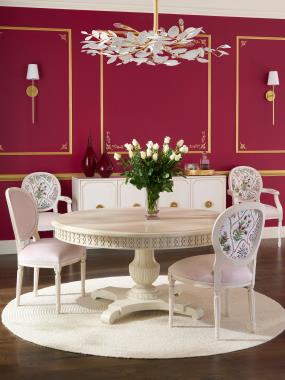 Room Scene: HC5341-70 - Gustav Pedestal Dining Table shown in Antique Ivory finish; HC3106-11 - Louis XVI Dining Side Chair shown in HC479-72 fabric on Inback/ Seat/Welt and HC457-51 fabric on outback with Cream Linen finish; HC3105-11 - Louis XVI Dining Arm Chair shown in HC457-51 fabric on Inback/ Seat/ Arm and HC479-72 fabric on outback with Cream Linen finish and HC4600-70C2 – Textures Four Door Credenza shown in Cream Linen finish with Light Gold solid striping and Golden Brass Rosette hardware.