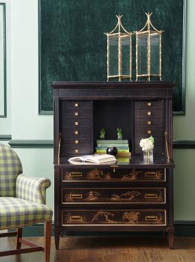 HC5374/HC5375-70 Alice Chest & Alice Deck shown in Kohl finish with striping and Artist Studio hand painted Chinoiserie in solid light gold and HC2602-23 Oxford Pull Up Chair shown in COM fabric with Truffle finish and Antique Brass nail trim.