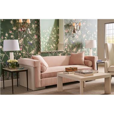 Room Scene: HC6700-90 Reilly Tuxedo Sofa, fabric HC297-51, shown in Chalk finish; HC4740-51 Thorpe M2M® Cocktail Table 36” x 36” x 19”,  shown in Chalk finish with HC124 - Colours: Natural Glow leather on top; HC2686-80S Fyn Side Table with Stone Top, shown with White Onyx Stone top and Fyn metal base and PE6725-00 Benedict Wing Chair, fabric HC291-10, welt HC4150-53, shown in Weathered Mineral finish.