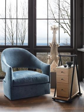 Room Scene: HC7213-27 Shea Swivel Chair shown in HC177-34 fabric and HC7246-70
Carriage Table shown in Carriage finish.