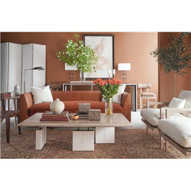 Room Scene: HC7227-90 - Boden Sofa shown in HC922 leather on body and HC328-47 fabric on seat cushion the throw pillows are in a COM fabric with Cypress finish; HC7279-70 Block Cocktail Table shown in Weathered Stone; HC7229-24 - Lindsay Lounge Chair shown in HC297-61 fabric on body and HC399-62 fabric shown on kidney pillow with Lynx finish; HC7292-70 - Weir Console 72" shown in Chalk finish; HC7271-70 - Sante End Table shown in Cypress finish and  HC7239-03 - Klio Counter Stool shown HC541 leather with Ecru finish.