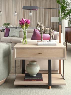 Room Scene: HC7250-70R - Atlas Nightstand shown in Ecru finish; HC7303-LAS1 - Rylen Left Arm Sofa shown in HC176-11 fabric on body and PE6539-52 fabric on throw pillows with Ecru finish and HC7303-RAS2 - Rylen Right Arm Sofa Extended shown in HC176-11 fabric on body and PE6539-52 fabric on throw pillows with Ecru finish. 