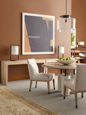 Room scene:  HC7259-02 - Asher Dining Side Chair shown in HC283-12 fabric with Ecru finish; HC7237-70 - Waylon Console shown in Ecru finish and HC7384-70 - Cadence Center Table shown in Weathered Stone finish.

