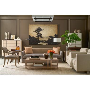 Room Scene: HC7302-88 - Aiden Sofa shown in HC4014-84 fabric with Ecru finish; HC7300-70 - Wyatt Cocktail Table shown in Ecru finish; HC7304-24 - Rylen Lounge Chair shown in PE1116-92 fabric with Ecru finish; HC7257-70 - Jaxon Tall Chest /Dresser shown in Ecru finish; HC7271-70 - Sante End Table shown in Cypress finish; HC7205-23 - Baber Leg Dining Chair shown in HC4026-85 fabric with Weathered Stone finish; HC7282-70 - Lamina Side Table Shown in Cypress finish and HC7267-72 - Russell bar cabinet shown in PE9171-91 leather with Chestnut finish.
