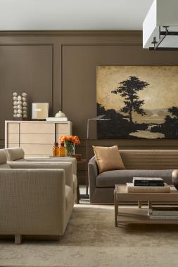 Room Scene: HC7302-88 - Aiden Sofa shown in HC4014-84 fabric with Ecru finish; HC7300-70 - Wyatt Cocktail Table shown in Ecru finish; HC7304-24 - Rylen Lounge Chair shown in PE1116-92 fabric with Ecru finish; HC7257-70 - Jaxon Tall Chest /Dresser shown in Ecru finish; HC7271-70 - Sante End Table shown in Cypress finish; HC7205-23 - Baber Leg Dining Chair shown in HC4026-85 fabric with Weathered Stone finish and HC7282-70 - Lamina Side Table Shown in Cypress finish .