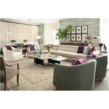 Room Scene: HC7303-LAS1 - Rylen Left Arm Sofa shown in HC176-11 fabric on body and PE6539-52 fabric on throw pillows with Ecru finish; HC7303-RAS2 - Rylen Right Arm Sofa Extended shown in HC176-11 fabric on body and PE6539-52 fabric on throw pillows with Ecru finish; HC7301-27 - Dama Swivel Chair shown in Hc480-72 fabric with Ecru finish; HC7302-27 - Aiden Swivel Chair shown in HC140 leather and PE1147-91 fabric on cushio the throw pillow is in a COM  with Ecru finish; HC7235-70 - Myles Cocktail Table - Oak Top shown in Ecru finish; HCP7236-STK - Myles Cocktail Table - Stone Top; HC7205-23 Saber Leg Dining Chair shown in HC4026-85 fabric with Weathered Stone finish; HC7245-71W - Plaited Buffet with Wood Top shown in Truffle finish; HC7298-70 - Rouster Spot Table shown in Ecru finish; HC7261-70 - Grayson Rectangular Dining Table shown in Ecru finish; HC7239-02 - Klio Dining Side Chair shown in HC3087-62 fabric with Ecru finish; HC7222-49 - Betty Corner Chair shown in HC251-60 fabric with Weathered Stone finish and HC7222-51 - Betty M2M® Straight Banquette shown in HC251-60 fabric with Weathered Stone finish.