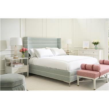 HC760-K - Hamlin Upholstered King Bed shown in HC4544-32 fabric and HC4325-10 contrast double  welt with Antique Silver metal legs; HC3015-70 - Suzanne Bench shown in HC486-54 fabric and HC142  on straps with Dove White finish; HC5368-70 - Reed Chest shown in Cream Linen with optional Artist Studio hand painting; HC6466-70 - Isabella Nightstand shown in Weathered White with COH® Hardware - Acrylic Knob and HC7619-30 - Octagonal Ottoman shown in HC297-72 fabric.