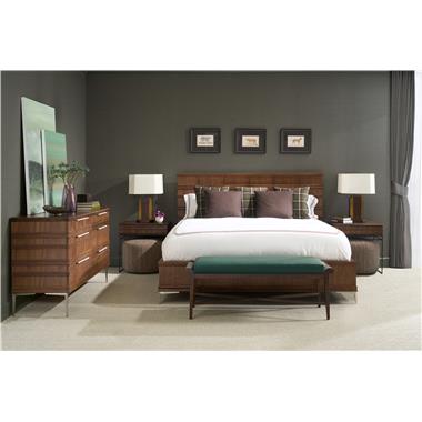Room Scene: HC761-K - Hamlin Wood King Bed shown in Truffle finish with Antique Silver metal legs; HC767-70 - Hamlin Dresser shown in Chestnut finish with Antique Silver tall metal legs; HC766-70 - Hamlin One Drawer Nightstand shown in Truffle finish with Antique Bronze metal legs; HC3413-30 - Birkdale Bench shown in COL leather with Espresso finish and PE6517-50 - Maisie Ottoman shown in HC459-34 fabric.