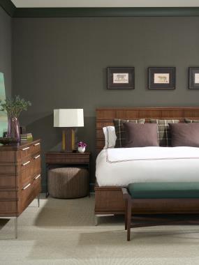 Room Scene: HC761-K - Hamlin Wood King Bed shown in Truffle finish with Antique Silver metal legs; HC767-70 - Hamlin Dresser shown in Chestnut finish with Antique Silver tall metal legs; HC766-70 - Hamlin One Drawer Nightstand shown in Truffle finish with Antique Bronze metal legs; HC3413-30 - Birkdale Bench shown in COL leather with Espresso finish and PE6517-50 - Maisie Ottoman shown in HC459-34 fabric.