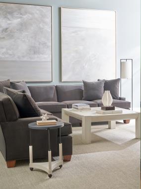 HC7644-49/54/55 Foster Sectional shown in fabric HC261-64 with Dark Walnut finish,   HC3081-70 Phillip Cocktail Table shown in Chalk finish and HC6494-10S Alfred Spot Table with Stone Top shown in Chalk finish.