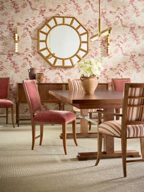 Room Scene:  HC248-70 Felix Buffet shown in Chestnut finish; HC7939-70 Rudyard Dining Table shown in Truffle finish; HC6412-02 Nicole Dining Side Chair shown in HC446-48 fabric and Chestnut finish and HC6412-01 Nicole Dining Arm Chair shown in HC462-52 fabric and Chestnut finish.