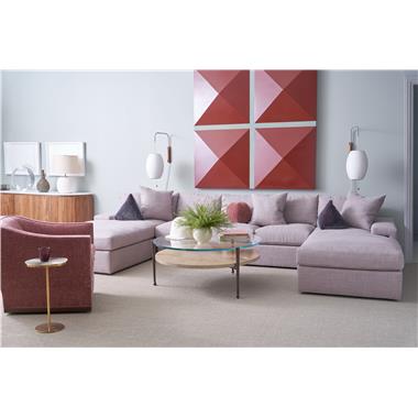 Room Scene: HC8523-44 / HC8523-47 / HC8523-48 Denby Sectional shown in HC4014-02 fabric with 20" x 20" throw pillows in HC4014-02 fabric (Round and Triangle Pillows are Not Standard); HC8684-10 Auden Round Cocktail Table and  HC8691-70S Maxime Console with Stone top shown in Clear Coat.