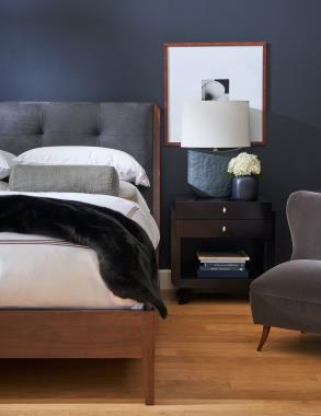 HC8555-10 Frances King Bed shown in leather HC144 with Truffle finish,
HC8566-70 Dove Side Table / Nightstand shown in Kohl finish and HC8538-38 Ursala Armless Chair shown in fabric HC297-51 with Modern French Grey finish.
