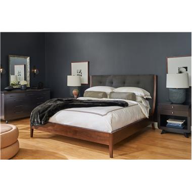 HC8555-10 Frances King Bed shown in leather HC144 with Truffle finish,
HC8566-70 Dove Side Table / Nightstand shown in Kohl finish, HC8667-70 Dove Dresser shown in Kohl finish and HC8518-29 Chloe Ottoman shown in fabric HC339-83.
