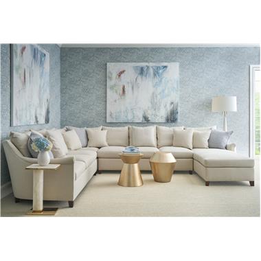 HC9509-LAS/CC/AS/RCL Jules Sectional shown with AR1 Arm, KE Back Cushion, B2 Base, fabric HC2331-11 with Dark Walnut finish; HC3088-70 Brooke Spot Table shown in Patina finish; HC3087-70 Brooks Spot table shown in Patina finish and HCP9182-STK Giselle Spot Table shown in Alabaster and Polished Brass.