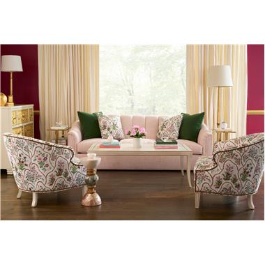 Room Scene: HC4604-90 - Alessia Curved Sofa shown in HC301-50 fabric and (2) 20” Throw Pillows in HC479-72 fabric, (2) 20” Optional Throw Pillows in HC261-78 fabric; HC317-23 – Edward Chair shown in HC479-72 fabric and Antique Brass nail trim with Cream Linen finish; HCP300-STK - Bracelet Spot Table; HCP9155-STK - Nova Tiered Side Table; HC4087-71 - Carved Chest shown in Cream Lacquer finish with Gold Leaf on drawer fronts and COH® Hardware - (B1) Brass Knob and HC2490-51 – Milo M2M Cocktail Table shown in Cream Linen finish with Light Gold Striping.