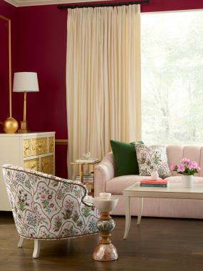 Room Scene: HC4604-90 - Alessia Curved Sofa shown in HC301-50 fabric and (2) 20” Throw Pillows in HC479-72 fabric, (2) 20” Optional Throw Pillows in HC261-78 fabric; HC317-23 – Edward Chair shown in HC479-72 fabric and Antique Brass nail trim with Cream Linen finish; HCP300-STK - Bracelet Spot Table; HCP9155-STK - Nova Tiered Side Table; HC4087-71 - Carved Chest shown in Cream Lacquer finish with Gold Leaf on drawer fronts and COH® Hardware - (B1) Brass Knob and HC2490-51 – Milo M2M Cocktail Table shown in Cream Linen finish with Light Gold Striping.