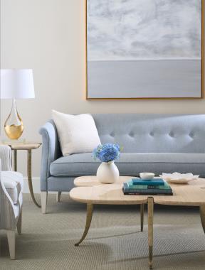 Room Scene: HC4603-89 – Albert Sofa shown in HC4030-32 fabric and throw pillows in HC487-11 fabric with Cream Linen finish; HC4603-89 – Albert Chair shown in HC357-32 fabric with Cream Linen finish; HCP9151-STK - Clover End Table and HCP9152-STK - Clover Cocktail Table.