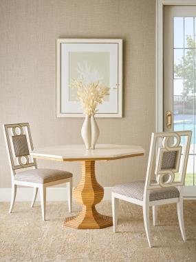 Room Scene: HCP9170-STK Callista Dining / Center Table and HC118-02 Corso Dining Chair shown in HC470-36 and Dove White finish with Solid Light Gold Striping.