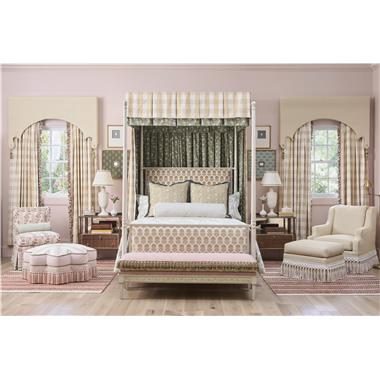 Room Scene: HC6703-23 Emmeline Armless Chair shown in Thibaut AF15107 COM fabric and S & S BT-61122-05 Green Gingha COM banding; HC1523-30 - Courtland Bench shown in  Thibaut W7205 Blush Velvet COM fabric, S & S CT-61215-07 Green & Crea COM Cord and S & S TF-59769-11 Green Crosse COM fringe with Weathered White finish and optional Dark Gold Stripe Solid; PE190-00 Star of India Ottoman shown in Thibaut AW 24511 Blusg Gingham COM fabric, Thibaut AF 15100 Patterned Blu COM fabric on top, S & S 982-41885-16 COM Banding and  S & S FR-60852-02 Blush Criss COM fringe and on button;  HC5160-16 – Tompkins Four Poster Queen Bed shown in Thibaut AW9225 Yellow Floral and Heritage White finish (Canopy is custom and not part of the bed); HC6466-70 Isabella Bedside table shown in Truffle finish with optional Light Gold Antique Rub striping; PE6722-00 Harrison Lounge Chair - Dressmaker Skirt shown in HC490-23 fabric and HCBF-10 fringe and PE6722-50 Harrison Ottoman Chair - Dressmaker Skirt shown in HC490-23 fabric and HCBF-10 fringe.