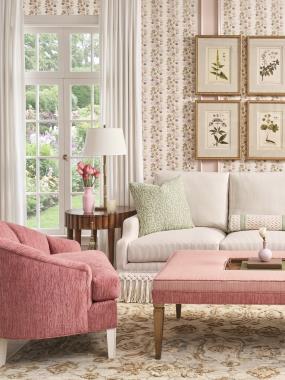 Room Scene: PE6718-30 Harrison Sofa – Kickpleat Skirt shown in HC703-13 fabric with HCBF-10 fringe; PE6738-00 Liam Chair shown in HC495-53 fabric and Weathered White finish; PE6741-50 Max Rectangular Cocktail Ottoman shown in HCD42106-0005 top fabric and welt with HC495-53 on bottom and Hable Grey finish and Truffle finish and HC4506-70 Scalla End Table shown in Truffle finish.