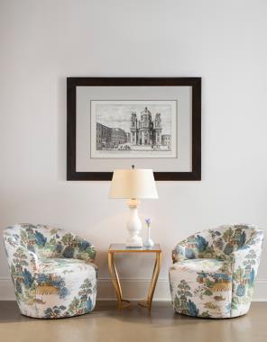 Room Scene: HC1315-27 Gemma Swivel Chairs shown in HC800-99-LIBERTY and HC7785-10 Charlotte Side Table.
