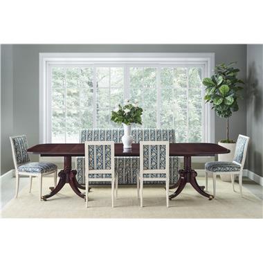 Room Scene: HC2476-70 Newport Pedestal  Bases, HC2470-70 Baltimore Table Top shown in Medium Mahogany finish, HC1552-02 Amsterdam Side Chair shown in HC810-36-LIBERTY fabric and Antique Ivory finish, HC7635-51 Bistro M2M Banquette shown in HC810-36-LIBERTY fabric and Antique Ivory finish.