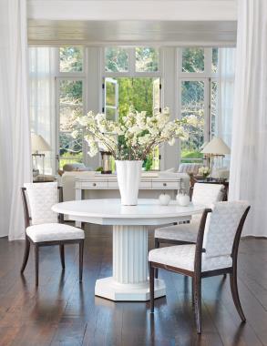 Room Scene: HC3420-23 Salmore Side Chair, fabric HC377-13, shown in Ebony finish; HC3440-70 Eden Roc Table shown in optional Chalk finish; HC3472-70 Owings Writing Table, shown in optional Weathered White finish; HC3425-90 Crowley Skirted Sofa, fabric HC298-10; HC3425-27 Crowley Swivel Chair, fabric HC296-14; HC3424-24 Crowley Lounge Chair, COM fabric, optio0nal Lynx finish and HC3477-70 Verner Side Table, shown in Truffle finish.