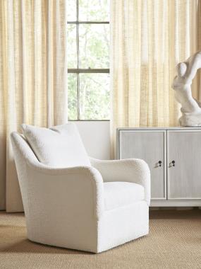 HC9509-27C Jules Swivel Chair with B3-Upholstered
Base, AR3-Saddle Arm and in fabric HC401-10. and HC4600-C3 Textures Six Door Credenza shown in optional Weathered White paint
with F5 Reeded Doors, SL Saber Legs, N2 Antique Bronze Drop Pull and P2 Centered
on Inner Edge Door placement