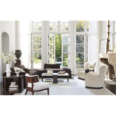 Room Scene: HC3421-45 Marquesa LAF Sofa, HC3421-48 Marquesa RAF Bumper, HC3421-30 Marquesa Curve Corner without Back all shown in fabric HC261-89 and in standard Ebony finish; HC3449-70 Zitelli Side Table shown in optional Espresso finish, HC3448-70 Zitelli Cocktail Table shown in optional combination of Dove White top and shelf with posts in Espresso finish, HC3408-23 Carlyle Chair shown in fabric HC327-11 and in standard Truffle finish, HC3430-27 Kacey Swivel Chair shown in fabric HC369-12 and in standard Ebony finish and HC3485-70 Caitlin Table shown
in optional Java finish.