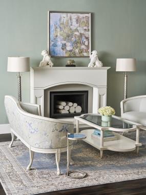 Room Scene: HC1003-72 Amour Loveseat shown in HC505-73 fabric on seat/in back/in arm and HC522-75 fabric on out back/out arm with VWGRAN-Sage welt and Cream Linen finish; HC6483-72G Biderman Cocktail Table shown in Cream Linen finish and HCP304-STK Azul Celeste Spot Table.