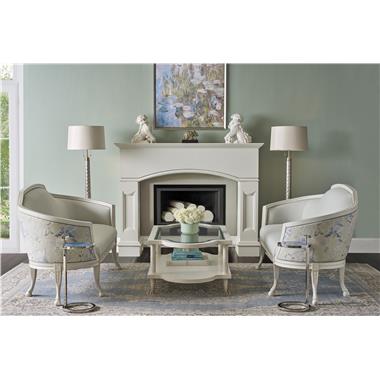 Room Scene: HC1003-72 Amour Loveseat shown in HC505-73 fabric on seat/in back/in arm and HC522-75 fabric on out back/out arm with VWGRAN-Sage welt and Cream Linen finish; HC6483-72G Biderman Cocktail Table shown in Cream Linen finish and HCP304-STK Azul Celeste Spot Table.